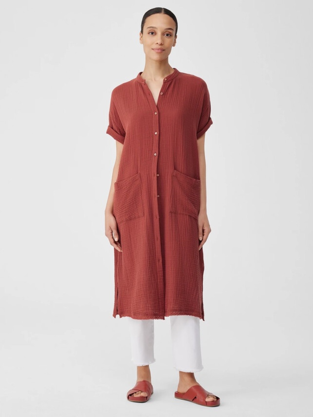 Eileen Fisher Organic Cotton Gauze Mandarin Collar Dress Picante Sz Petite Large
